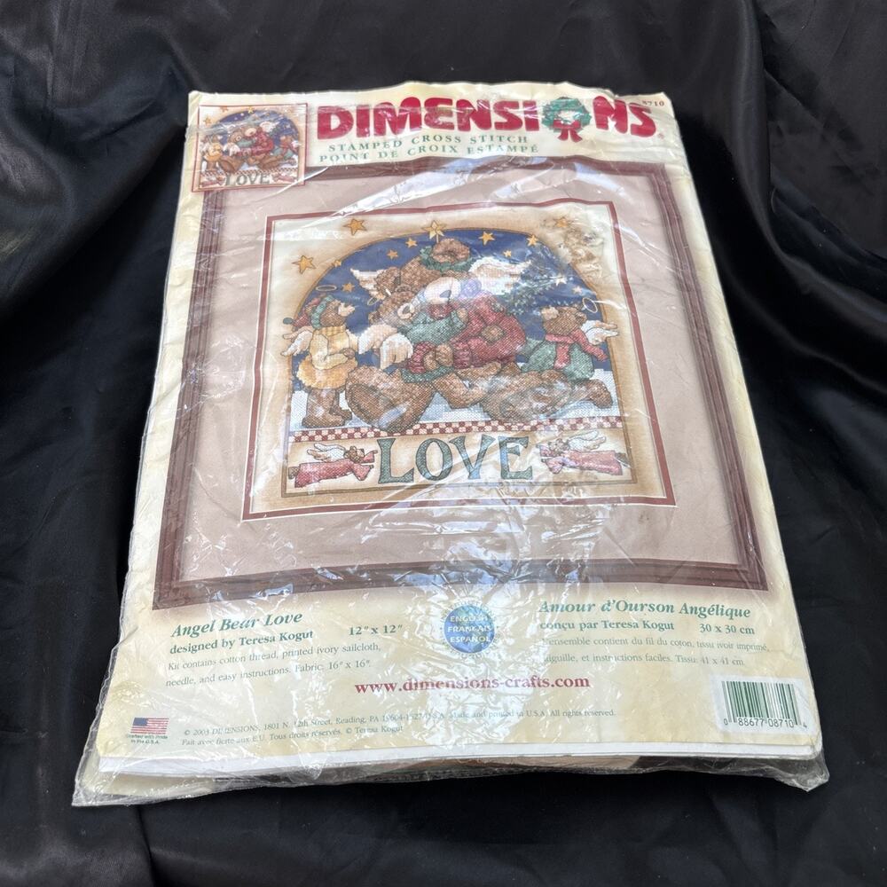Angel Bear Love Stamped Cross Stitch Kit Dimensions Unworked 12x12 NEW Open Bag